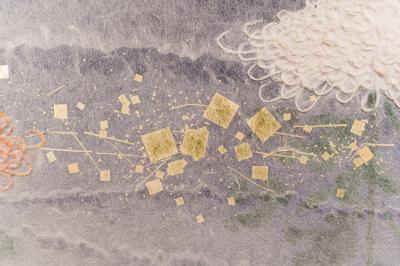 Two Panel Screen Chrysanthemums Through the Mist Rare Obara Paper Art Screen
