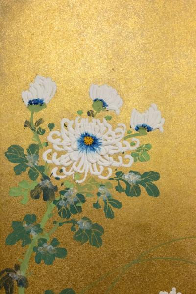 Two Panel Screen Rimpa Style Painting of Chrysanthemums on a Twig Fence