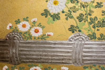 Two Panel Screen Rimpa Style Painting of Chrysanthemums on a Twig Fence