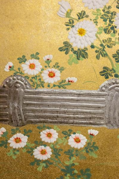 Two Panel Screen Rimpa Style Painting of Chrysanthemums on a Twig Fence