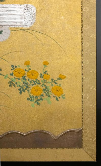 Two Panel Screen Rimpa Style Painting of Chrysanthemums on a Twig Fence