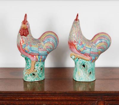 Two Polychrome Roosters