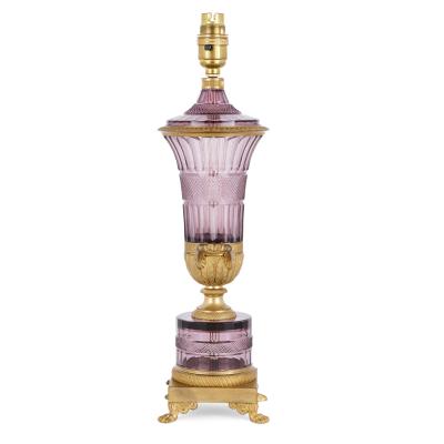 Two Russian purple cut glass and gilt bronze lamps