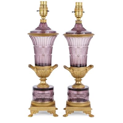 Two Russian purple cut glass and gilt bronze lamps