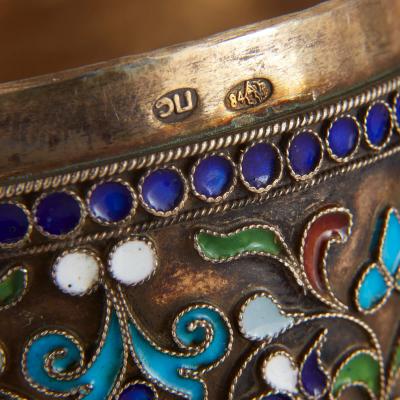 Two Russian silver gilt and cloisonn enamel eggs on stands