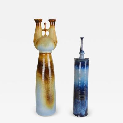 Two Sculptural Tall Studio Pottery Vases in Blue and Brown