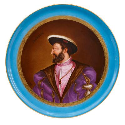 Two Sevres style porcelain plates after Titian and Clouet