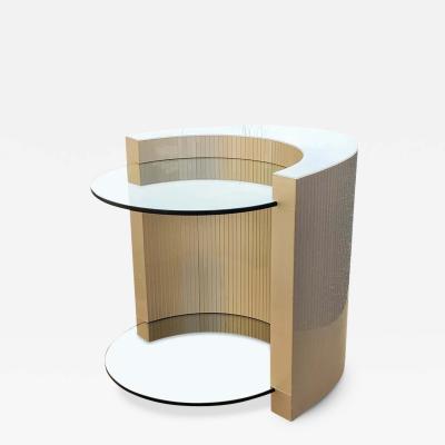 Two Teired Crescent Moon Shaped Wood Lucite and Glass Side Table Circular Glass