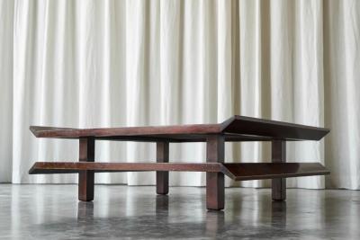 Two Tiered Pagoda Wabi Sabi Style Coffee Table in Wood and Bamboo 1970s