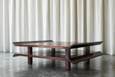 Two Tiered Pagoda Wabi Sabi Style Coffee Table in Wood and Bamboo 1970s