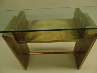 Two Unique Italian Postmodern Gilt and Copper Cantilevered Consoles Sofa Table