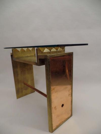 Two Unique Italian Postmodern Gilt and Copper Cantilevered Consoles Sofa Table