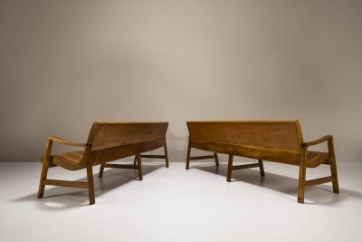 Two Wave Shaped Benches in Walnut with Two tone Veneering Italy 1950s