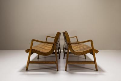 Two Wave Shaped Benches in Walnut with Two tone Veneering Italy 1950s
