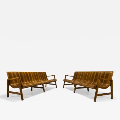 Two Wave Shaped Benches in Walnut with Two tone Veneering Italy 1950s