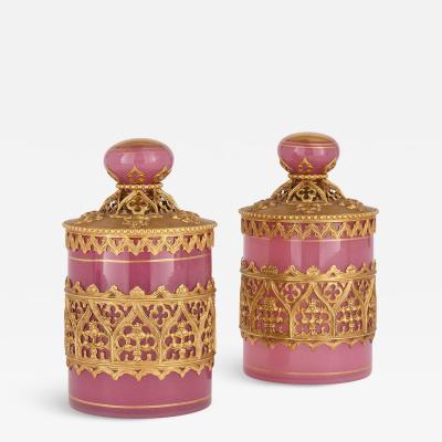 Two antique French opaline glass toilet boxes