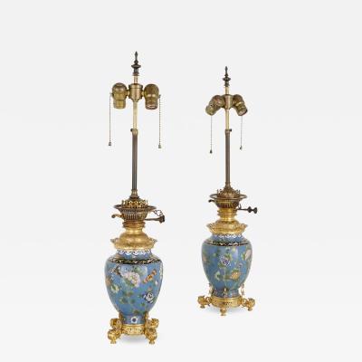 Two antique cloisonn enamel and gilt bronze lamps