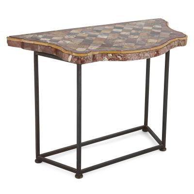 Two antique iron and specimen marble console tables