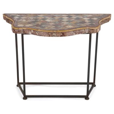 Two antique iron and specimen marble console tables