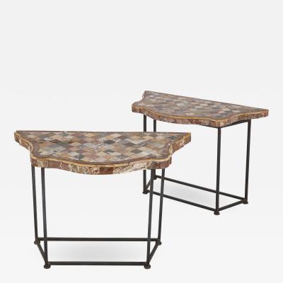 Two antique iron and specimen marble console tables