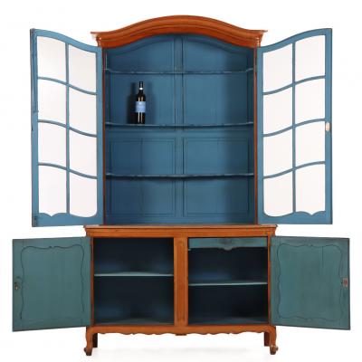 Two part French Provincial Cherry Cabinet Having Painted Blue Hutch 19th C 