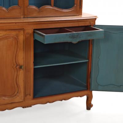 Two part French Provincial Cherry Cabinet Having Painted Blue Hutch 19th C 