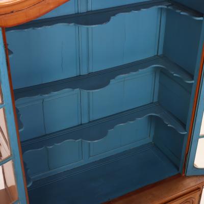 Two part French Provincial Cherry Cabinet Having Painted Blue Hutch 19th C 