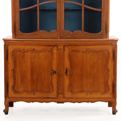 Two part French Provincial Cherry Cabinet Having Painted Blue Hutch 19th C 