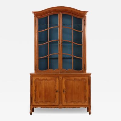 Two part French Provincial Cherry Cabinet Having Painted Blue Hutch 19th C 