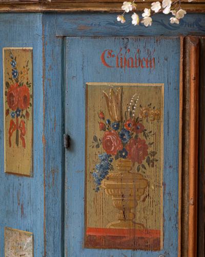 Tyrolean Early 19th Century Blue Painted Wardrobe with Hand Painted Floral Panel
