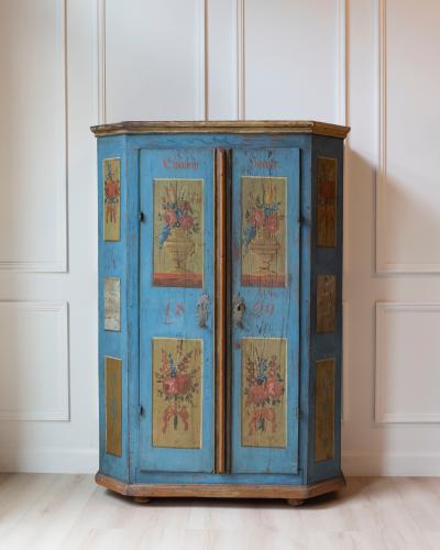 Tyrolean Early 19th Century Blue Painted Wardrobe with Hand Painted Floral Panel