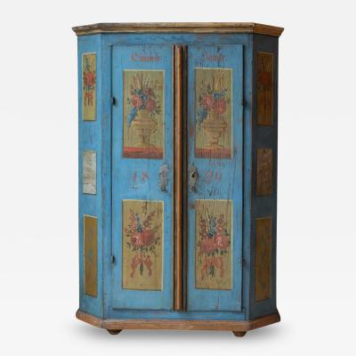 Tyrolean Early 19th Century Blue Painted Wardrobe with Hand Painted Floral Panel