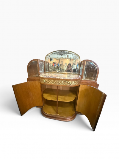 UNIQUE ART DECO BIRDSEYE MAPLE CABINET MIRROR BEVELED GLASS BRASS CURIO CASES