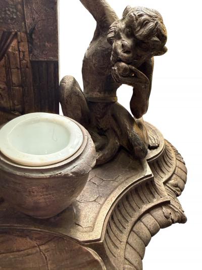 UNIQUE FRENCH 19TH CENTURY SILVERED BRONZE MONKEY CAT WITH FIREPLACE INKWELL