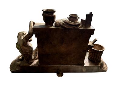 UNIQUE FRENCH 19TH CENTURY SILVERED BRONZE MONKEY CAT WITH FIREPLACE INKWELL