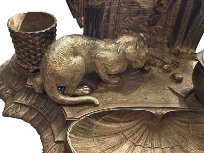 UNIQUE FRENCH 19TH CENTURY SILVERED BRONZE MONKEY CAT WITH FIREPLACE INKWELL