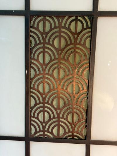 UNUSUAL AND RARE BRONZE AND MILK GLASS ART DECO MODERNIST CHANDELIER