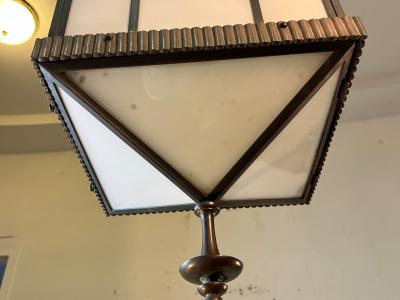 UNUSUAL AND RARE BRONZE AND MILK GLASS ART DECO MODERNIST CHANDELIER