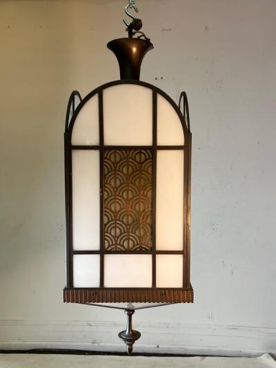 UNUSUAL AND RARE BRONZE AND MILK GLASS ART DECO MODERNIST CHANDELIER