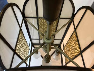 UNUSUAL AND RARE BRONZE AND MILK GLASS ART DECO MODERNIST CHANDELIER