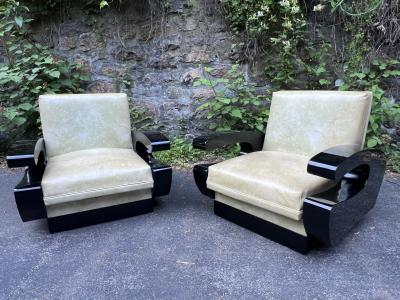 UNUSUAL ART DECO BLACK LACQUERED CLUB CHAIRS