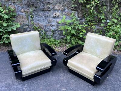 UNUSUAL ART DECO BLACK LACQUERED CLUB CHAIRS