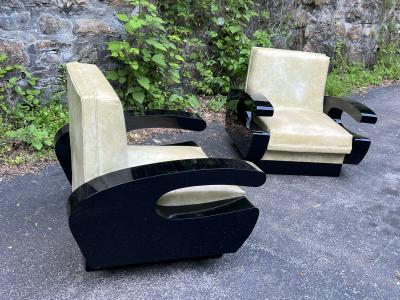 UNUSUAL ART DECO BLACK LACQUERED CLUB CHAIRS