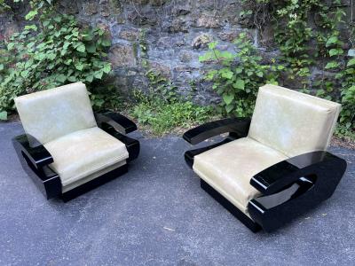 UNUSUAL ART DECO BLACK LACQUERED CLUB CHAIRS