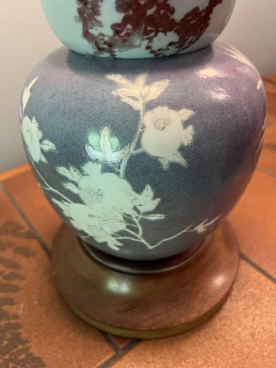 UNUSUAL PAIR OF ART DECO TWO COLOR GLAZE CHINOISERIE DECORATED CERAMIC LAMPS