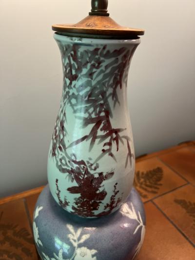 UNUSUAL PAIR OF ART DECO TWO COLOR GLAZE CHINOISERIE DECORATED CERAMIC LAMPS