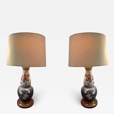 UNUSUAL PAIR OF ART DECO TWO COLOR GLAZE CHINOISERIE DECORATED CERAMIC LAMPS