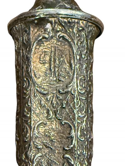 UNUSUAL PAIR OF SILVER LANDSCAPE SCENIC EMBOSSED ANTIQUE LAMPS