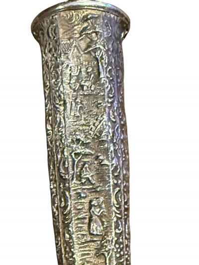 UNUSUAL PAIR OF SILVER LANDSCAPE SCENIC EMBOSSED ANTIQUE LAMPS