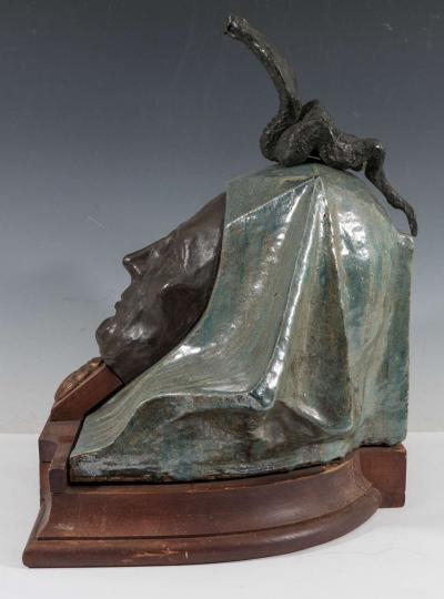 UNUSUAL SIGNED ART NOUVEAU BRONZE GLAZED TERRACOTTA PHAROAH WITH COBRA